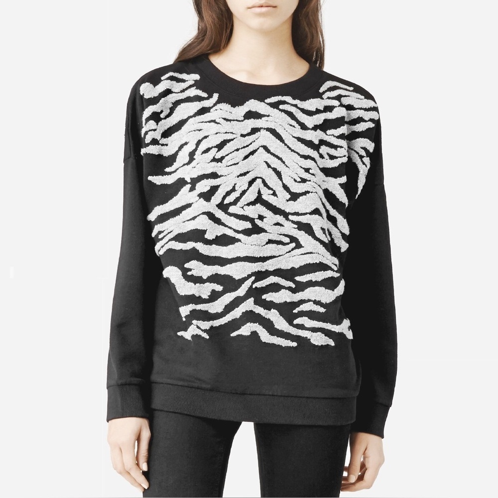 All Saints Long Sleeve Zebra Stripe Crewneck Sweatshirt - Size Medium - Black - Picture 2 of 9